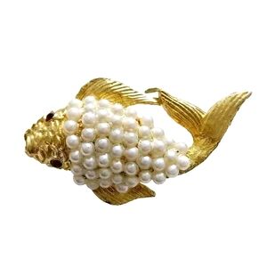 Vintage Koi Fish Brooch Pin, Pearl Bead. Gold Tone, Gift, Classic